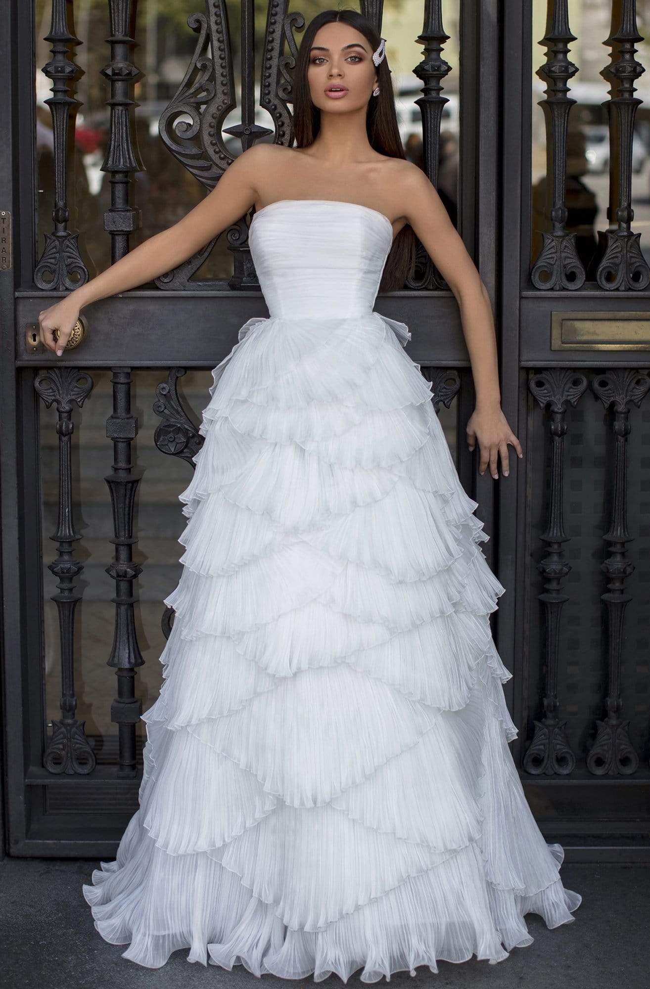 Tarik Ediz - 93825 Strapless Ruched Straight Neck Layered A-line Dress Prom Dresses 0 / Ivory