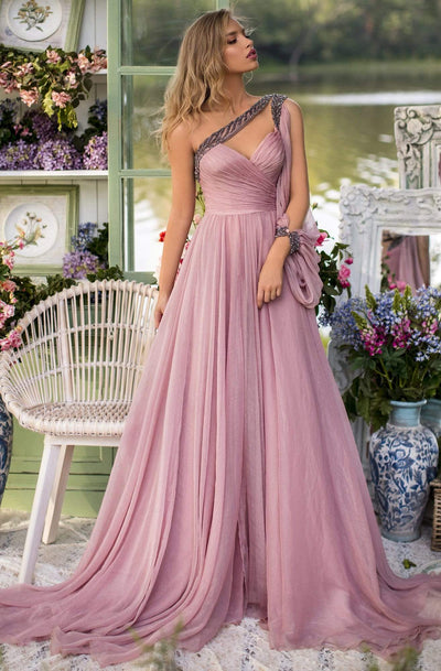 Tarik Ediz - 93854 One Shoulder Beaded V Neck High Slit Chiffon Gown Evening Dresses 0 / Purple