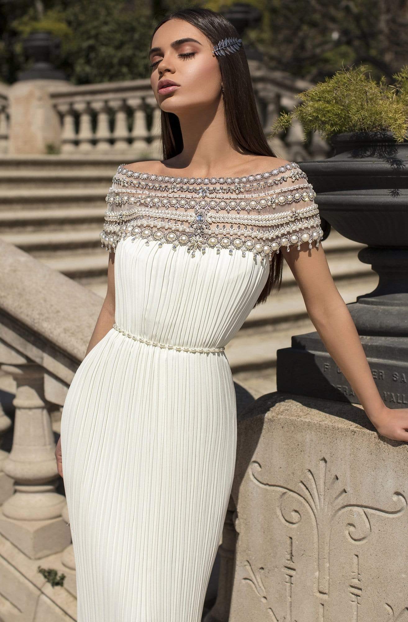 Tarik Ediz - 93863 Long Pearl-Ornate Off Shoulder Pleated Gown Evening Dresses