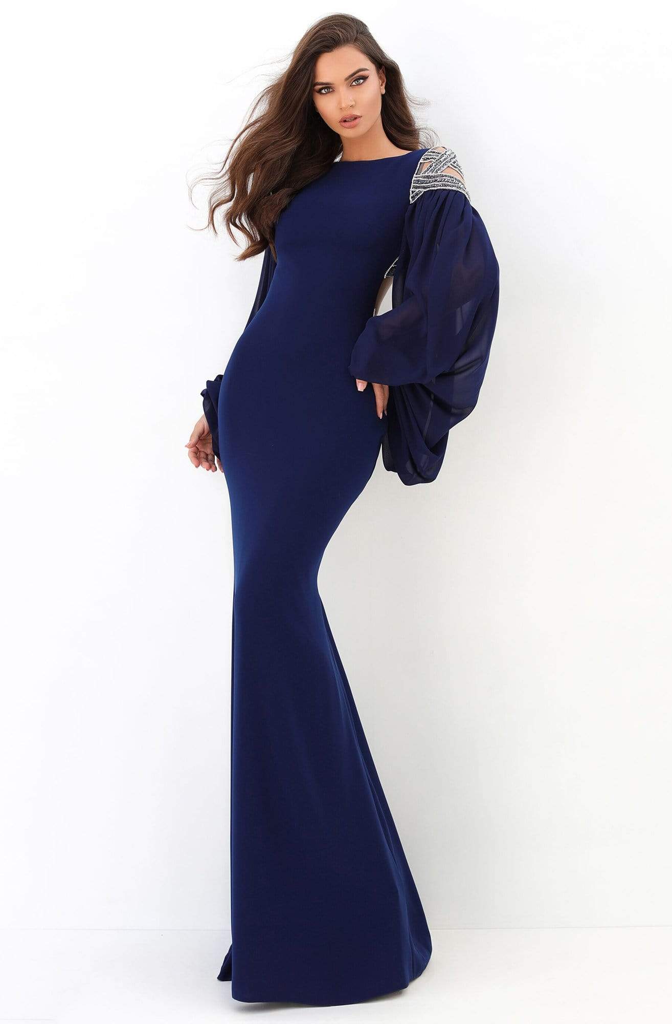Tarik Ediz - 93872 Embellished Long Sleeve Bateau Fitted Dress Evening Dresses 0 / Navy