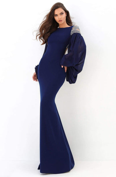 Tarik Ediz - 93872 Embellished Long Sleeve Bateau Fitted Dress Evening Dresses 0 / Navy
