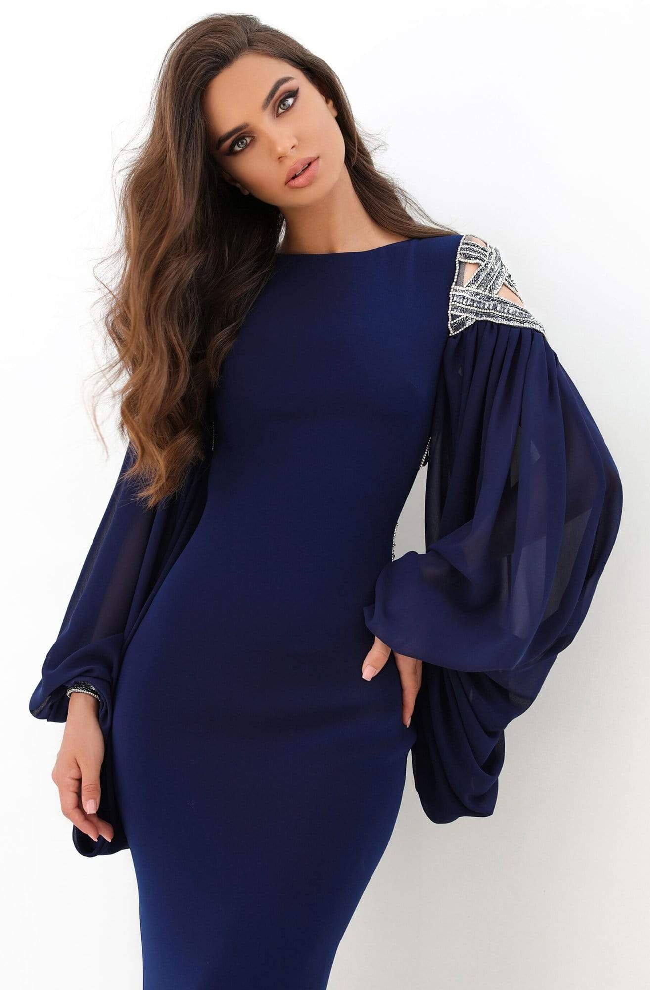 Tarik Ediz - 93872 Embellished Long Sleeve Bateau Fitted Dress Evening Dresses