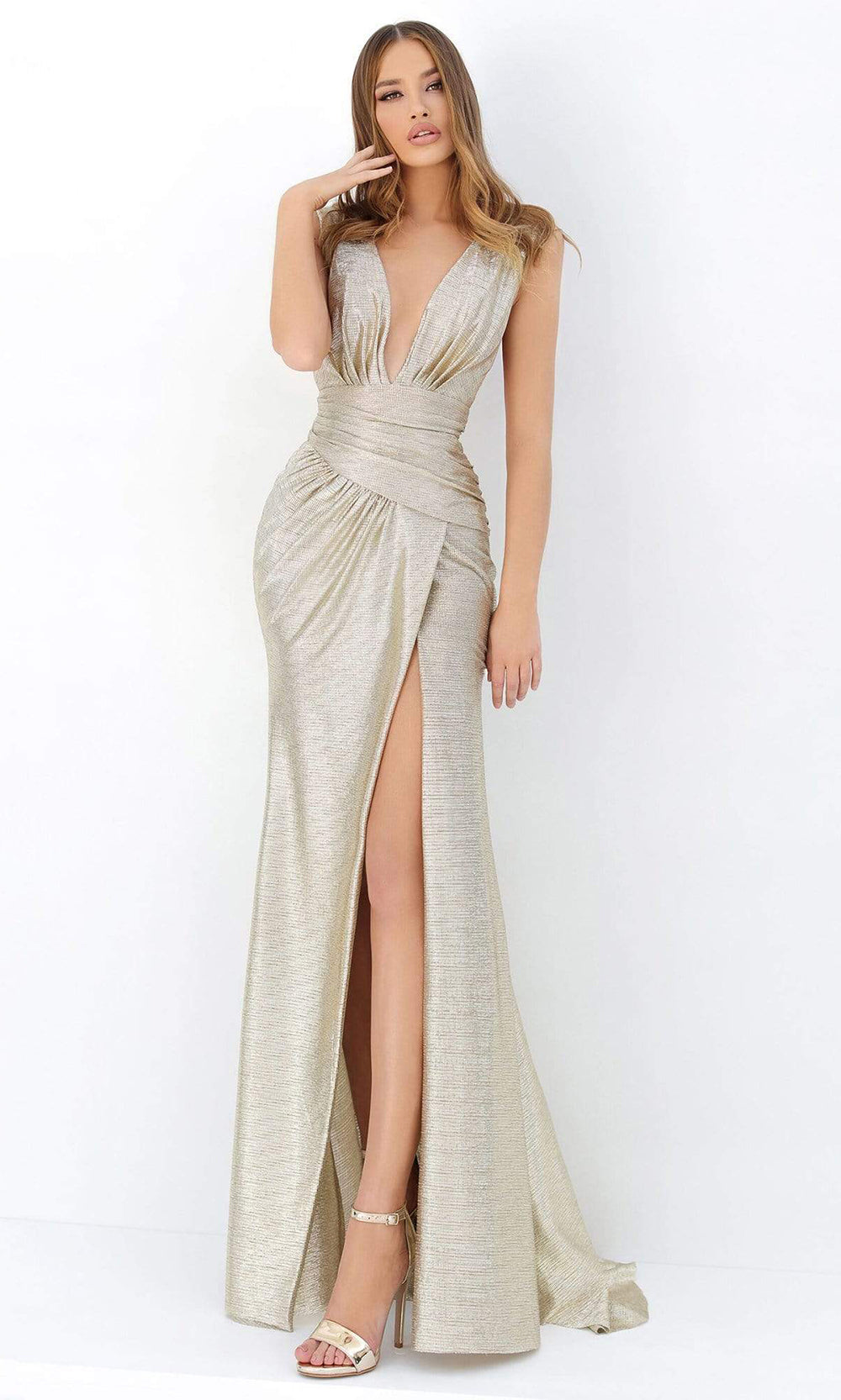 Tarik Ediz - Plunging V-Neck Ruched Dress with Slit 93922 - 1 pc Gold In Size 4 Available CCSALE 4 / Gold