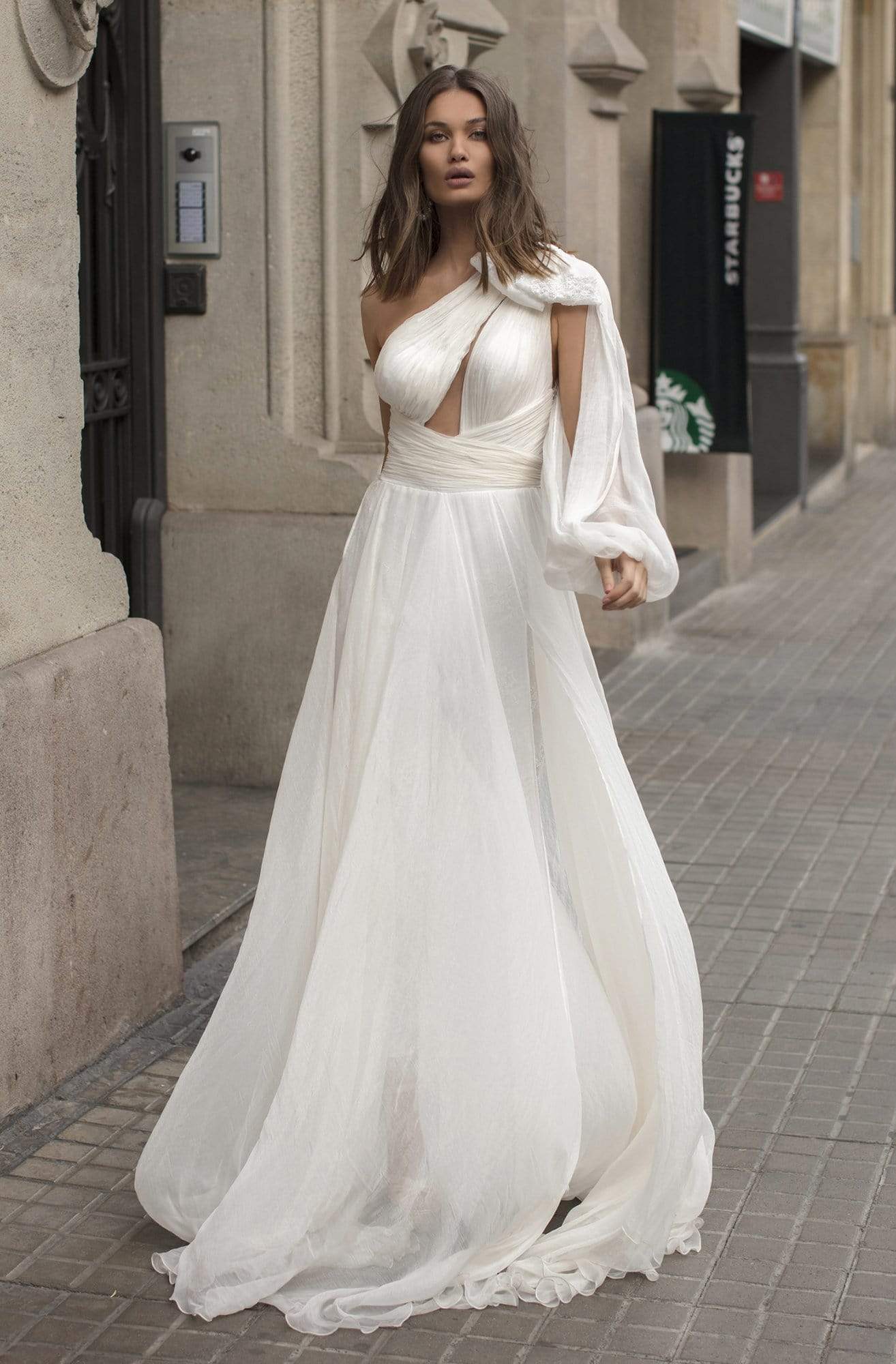 Tarik Ediz - 93924 Ruched Asymmetrical Jumpsuit with Overskirt Evening Dresses 0 / Ivory