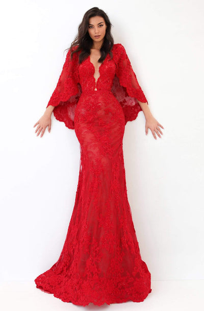 Tarik Ediz - 93925 Bead-Ornate Scalloped Cape Lace Gown Evening Dresses 0 / Red