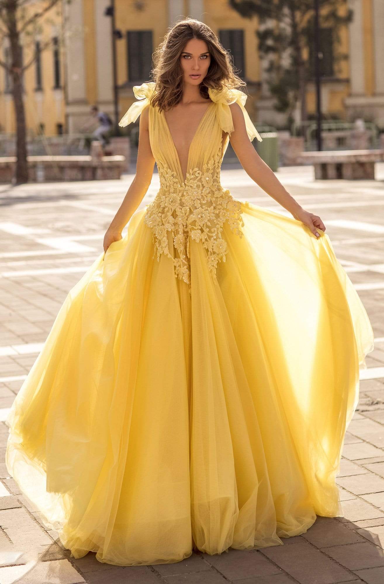 Tarik Ediz - 93927 Beaded Lace Plunging V-Neck Ballgown Ball Gowns 0 / Yellow