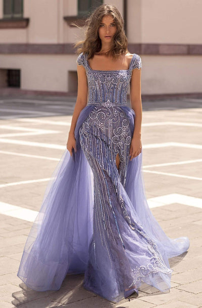 Tarik Ediz - 93936 Bedazzled Square Neck Dress With Overskirt Evening Dresses 0 / Ice Blue