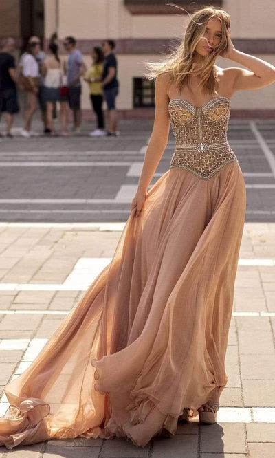 Tarik Ediz - 93948SC Sweetheart Corset Flowy Chiffon Dress In Neutral