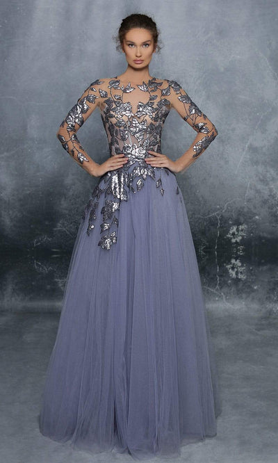 Tarik Ediz - 96006 Sequined Long Sleeve A-line Gown Evening Dresses 0 / Ice Blue