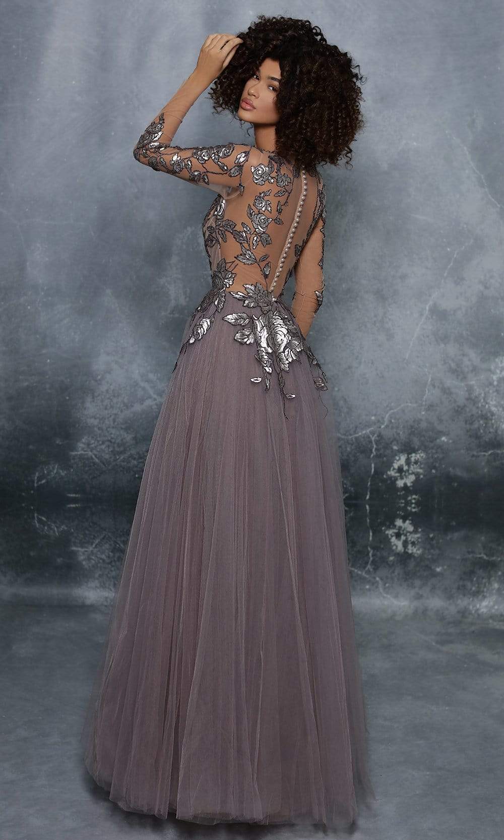 Tarik Ediz - 96006 Sequined Long Sleeve A-line Gown Evening Dresses