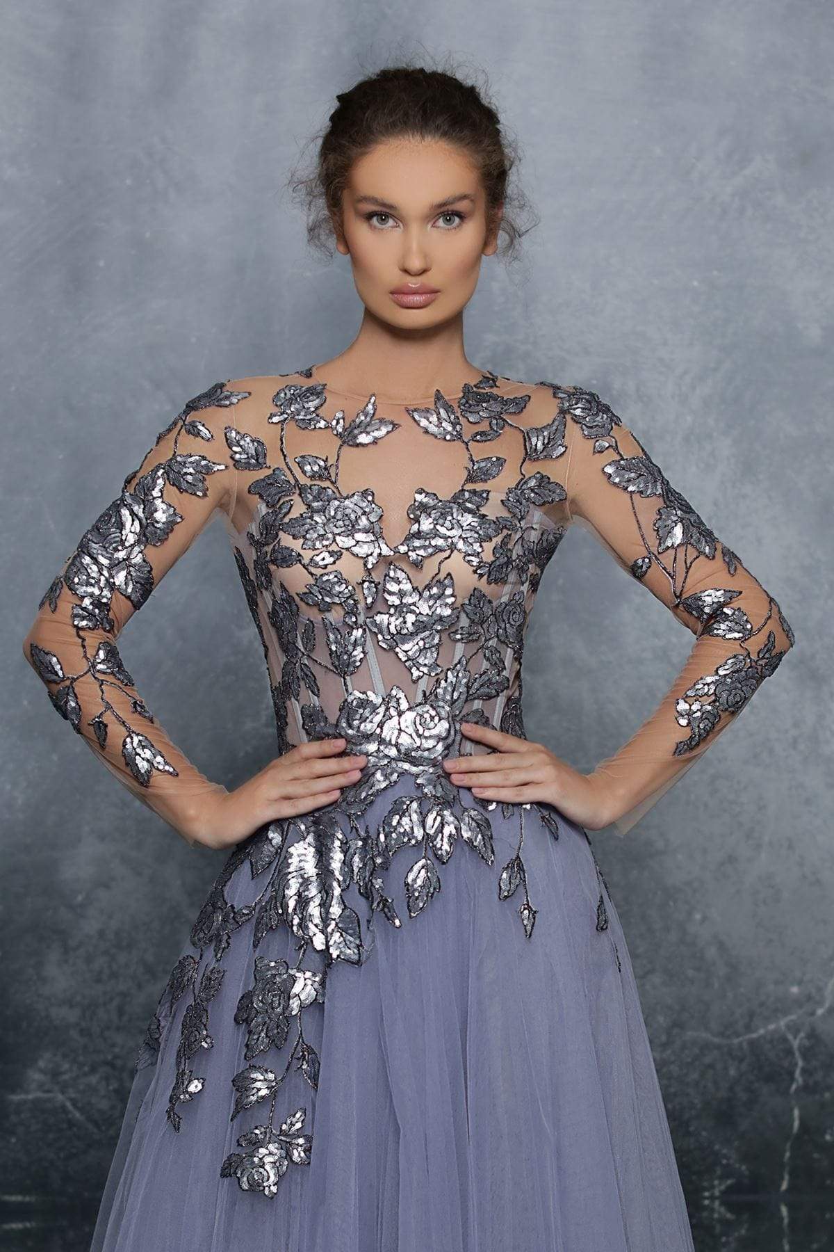 Tarik Ediz - 96006 Sequined Long Sleeve A-line Gown Evening Dresses