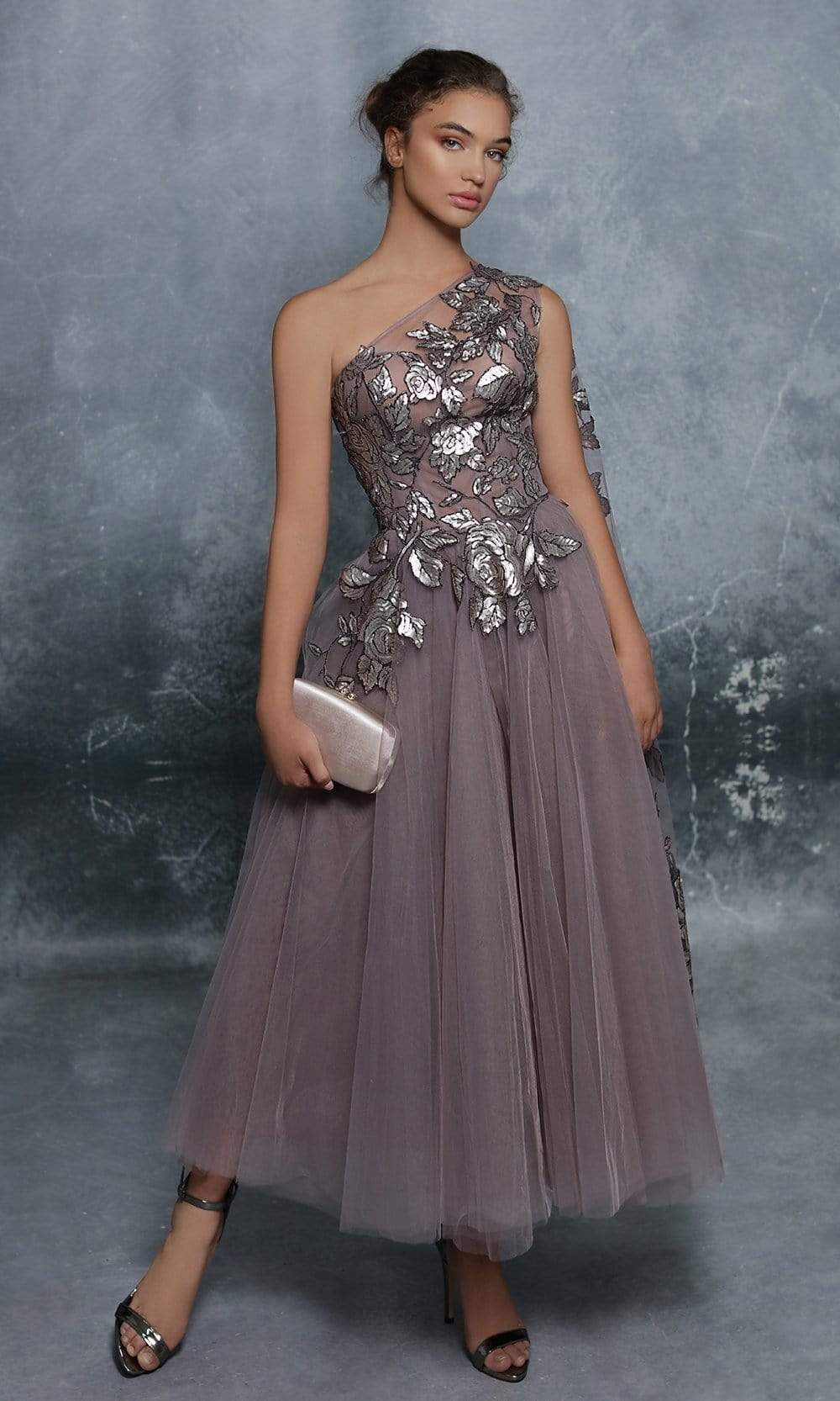 Tarik Ediz - 96007 Sequined Asymmetric Tea Length A-line Dress Homecoming Dresses 0 / Wood Rose/Black Olive