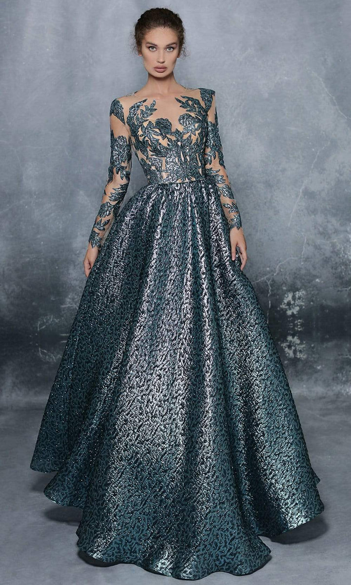 Tarik Ediz - Long Sleeve Metallic Ballgown 96011 In Green