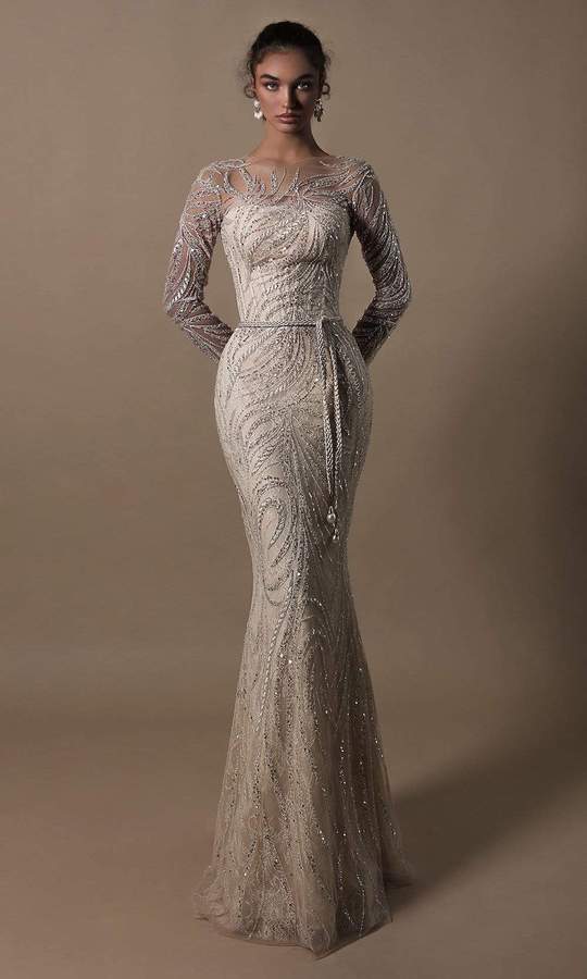 Tarik Ediz - 96013SC Long Sheer Sleeve Bedazzled Corset Sheath Gown In Neutral