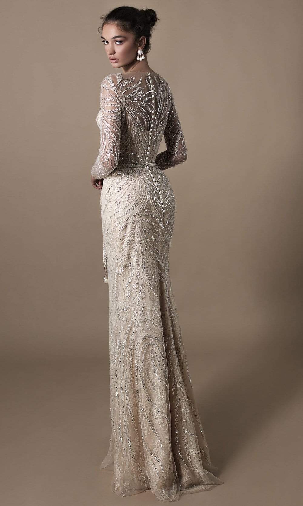 Tarik Ediz - 96013 Long Sheer Sleeve Bedazzled Corset Sheath Gown