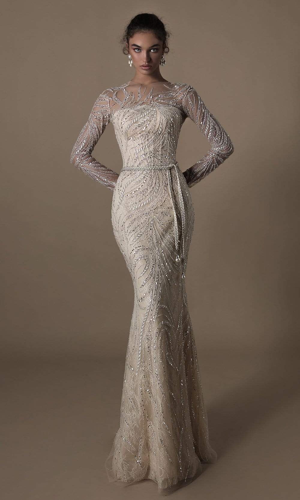 Tarik Ediz - 96013 Long Sheer Sleeve Bedazzled Corset Sheath Gown