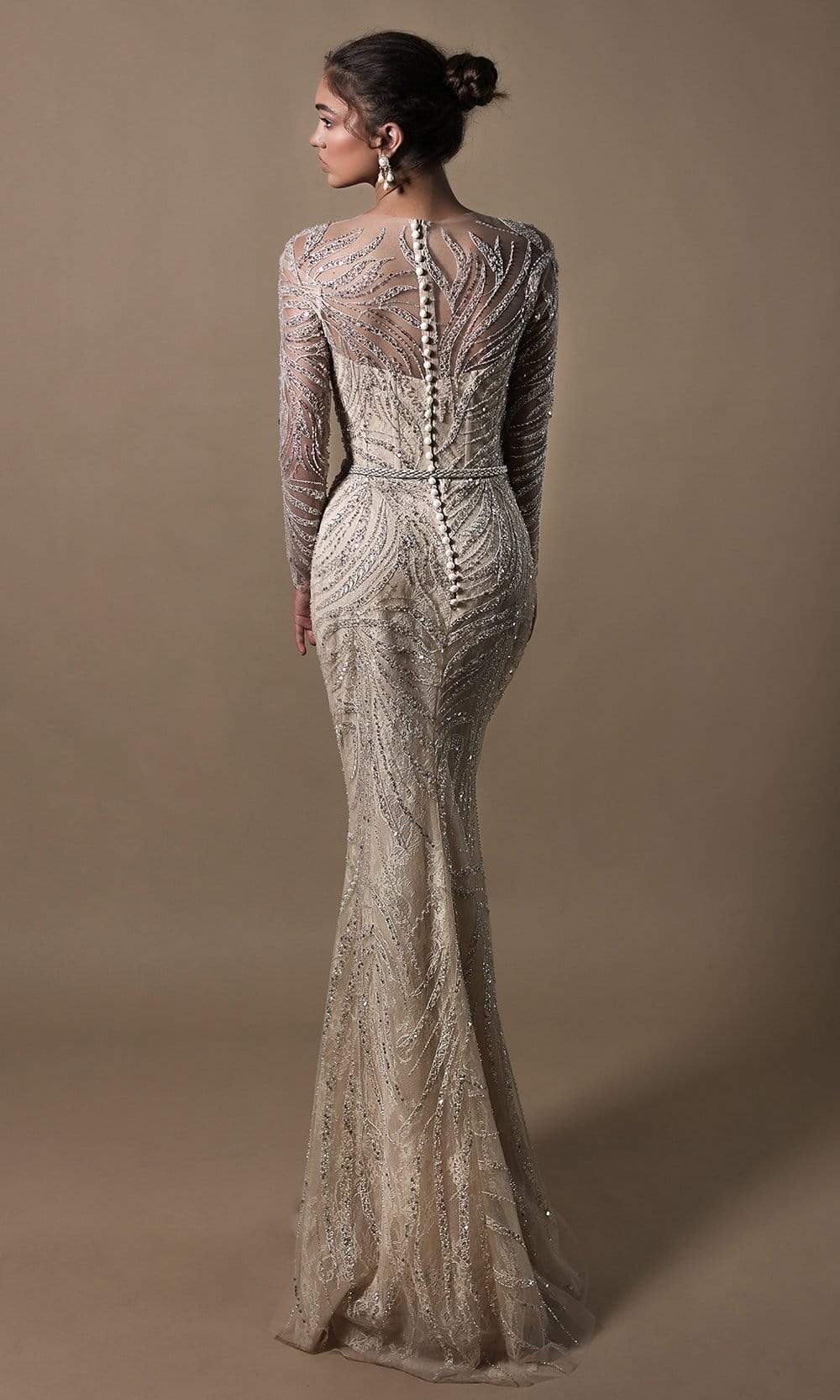 Tarik Ediz - 96013 Long Sheer Sleeve Bedazzled Corset Sheath Gown