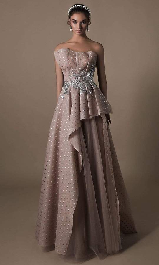 Tarik Ediz - 96016SC Pleated Polka Dot Asymmetric Exquisite Aline Gown In Brown