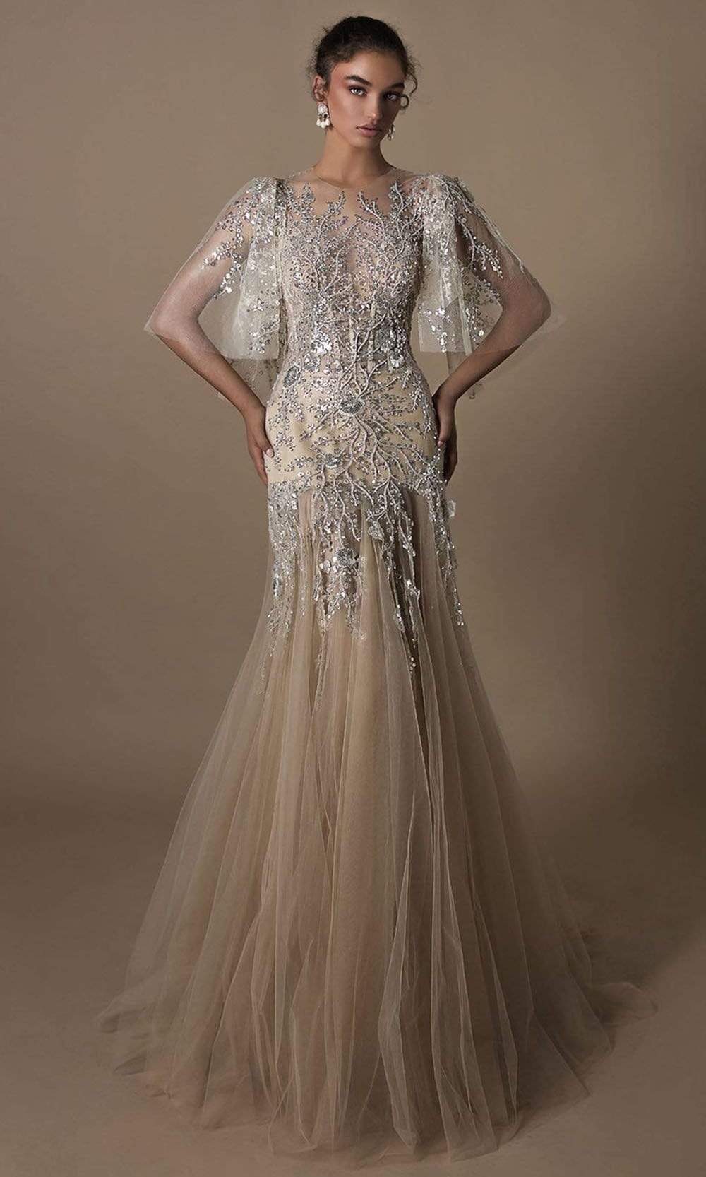 Tarik Ediz - 96021SC Contemporary Creative Tulle Gown In Neutral