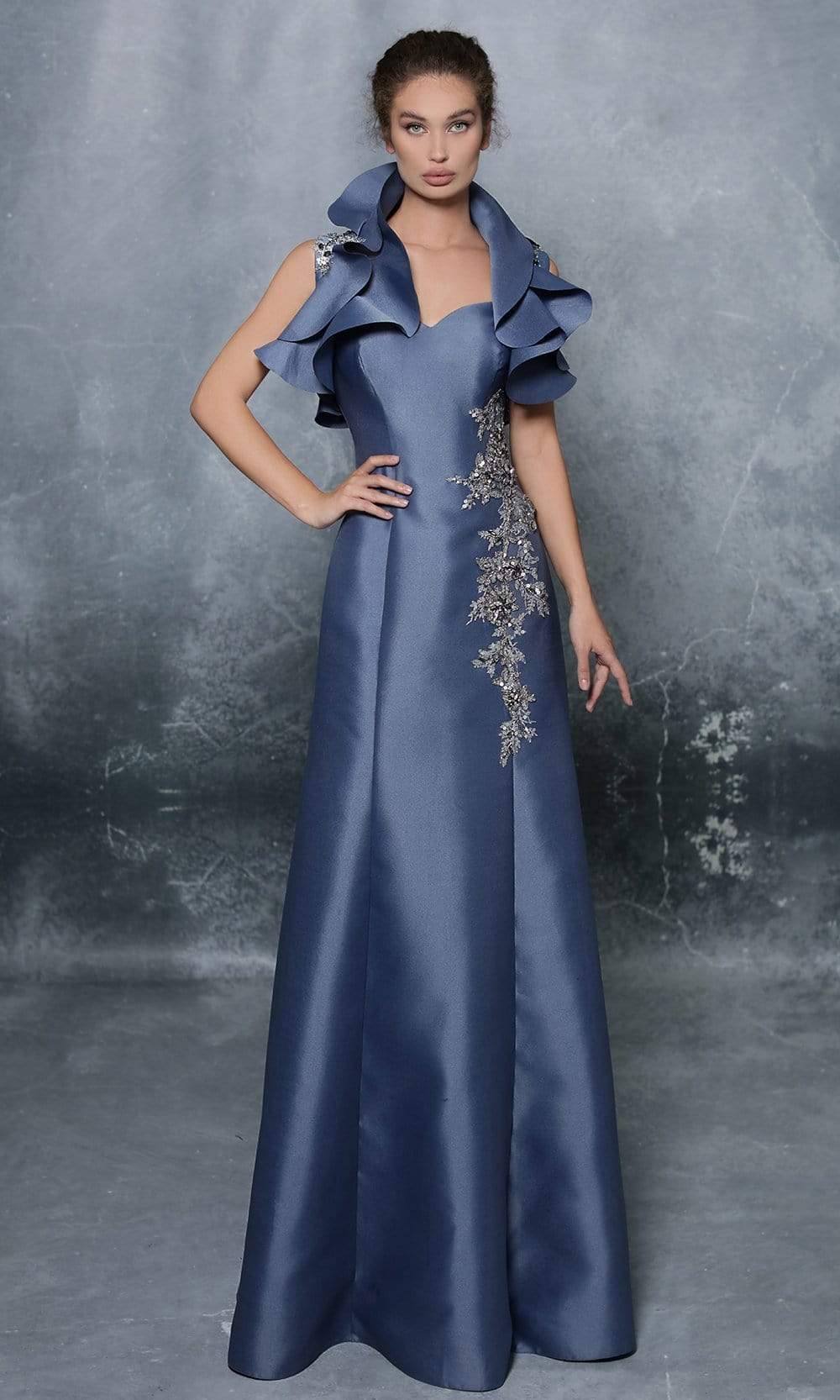 Tarik Ediz - 96024SC Queen Anne Ruffled Tafetta Gown In Blue