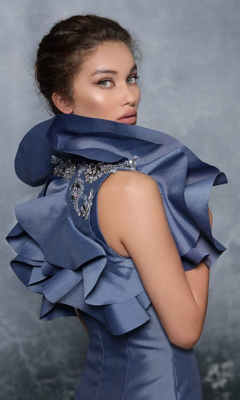 Tarik Ediz - 96024SC Queen Anne Ruffled Tafetta Gown In Blue