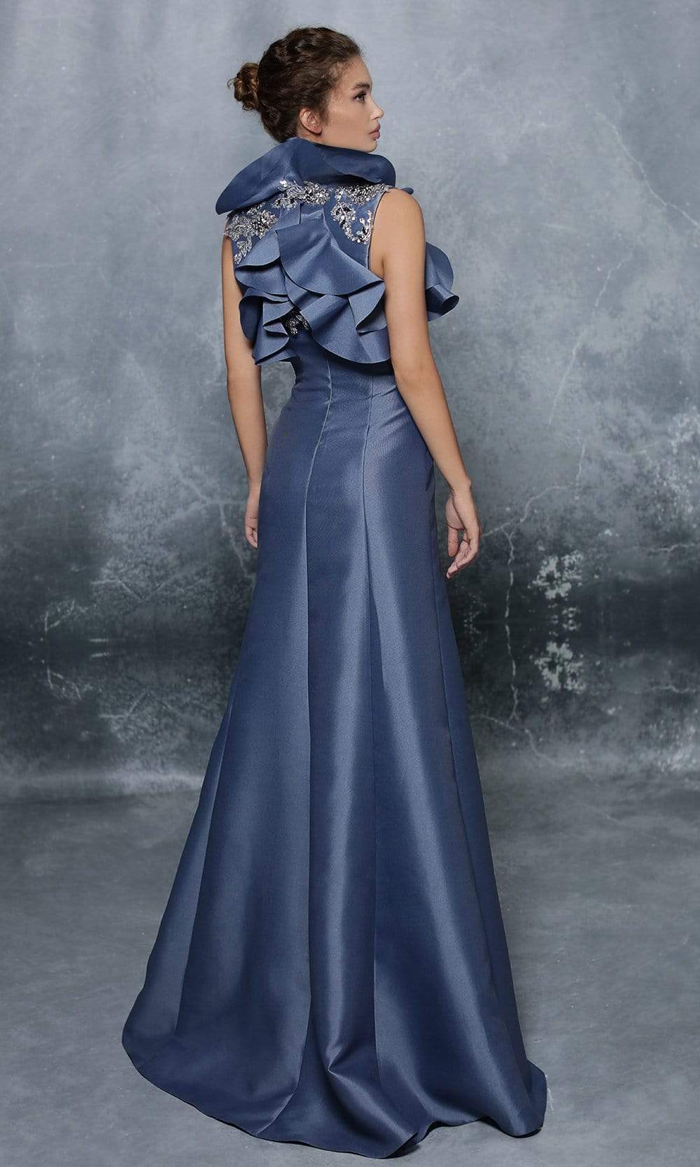 Tarik Ediz - 96024SC Queen Anne Ruffled Tafetta Gown In Blue
