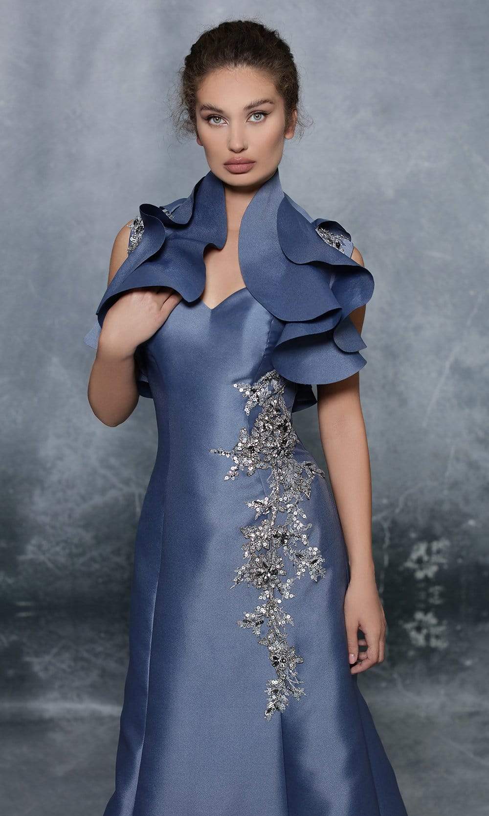 Tarik Ediz - 96024SC Queen Anne Ruffled Tafetta Gown In Blue