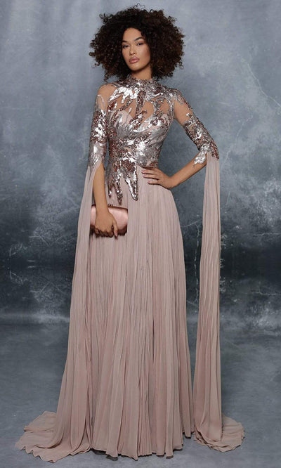 Tarik Ediz - Sequin Embroidered High Neck Long Gown 96038 - 1 pc Powder In Size 12 Available CCSALE 12 / Powder