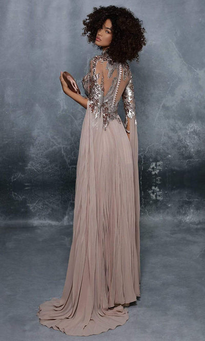 Tarik Ediz - Sequin Embroidered High Neck Long Gown 96038 - 1 pc Powder In Size 12 Available CCSALE 12 / Powder
