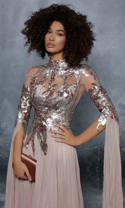Tarik Ediz - Sequin Embroidered High Neck Long Gown 96038 - 1 pc Powder In Size 12 Available CCSALE 12 / Powder
