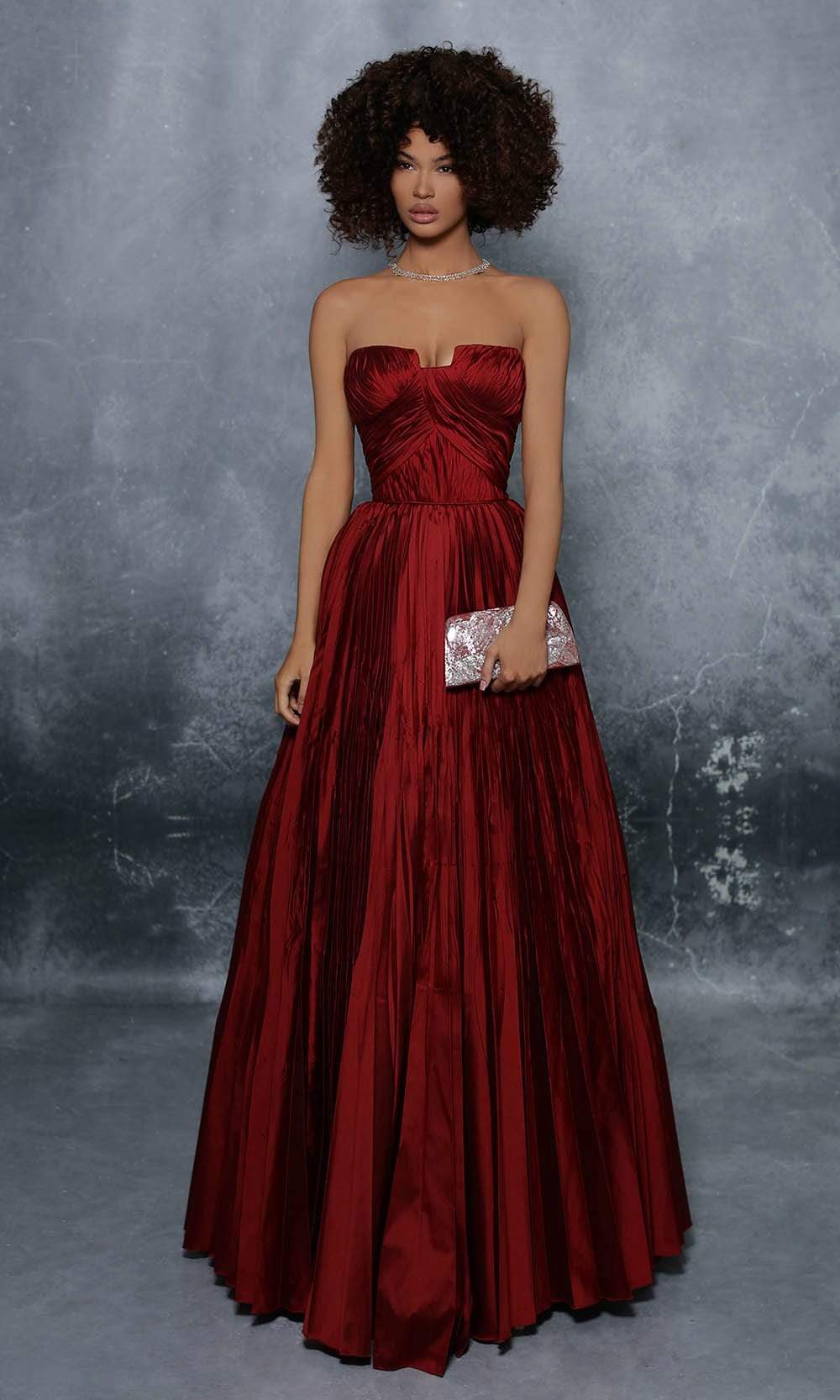Tarik Ediz - 96047 Strapless Ruched Pleated Taffeta A-Line Gown Prom Dresses 0 / Burgundy