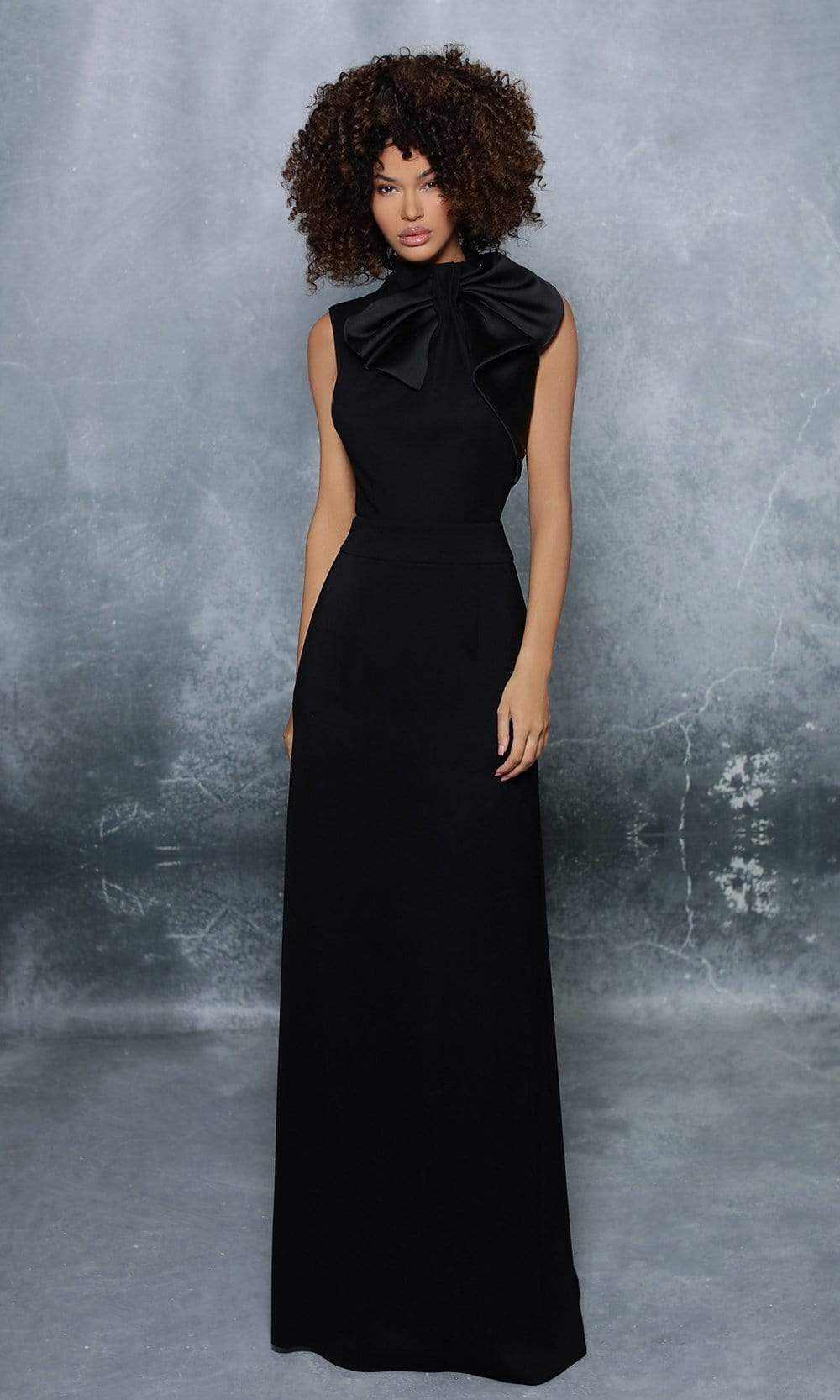 Tarik Ediz - 96052 Bow Accent Collar Long Dress with Puddle Train Evening Dresses 0 / Black
