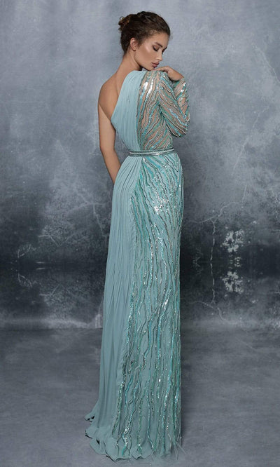 Tarik Ediz - 96055SC Asymmetric Design Creative Trumpet Slit Gown In Blue and Green