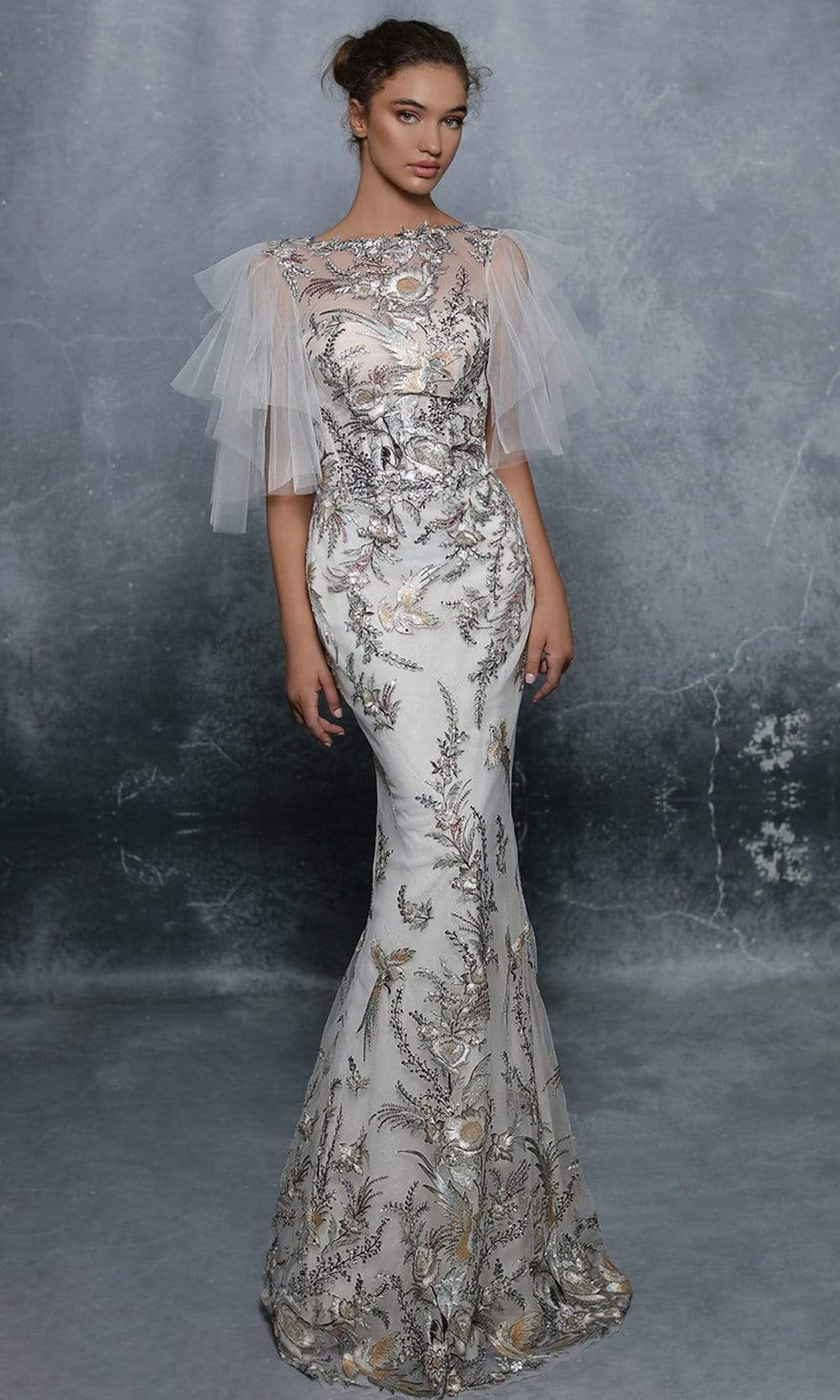 Tarik Ediz - 96073SC Embroidery Striking Detail Trumpet Gown In Multi