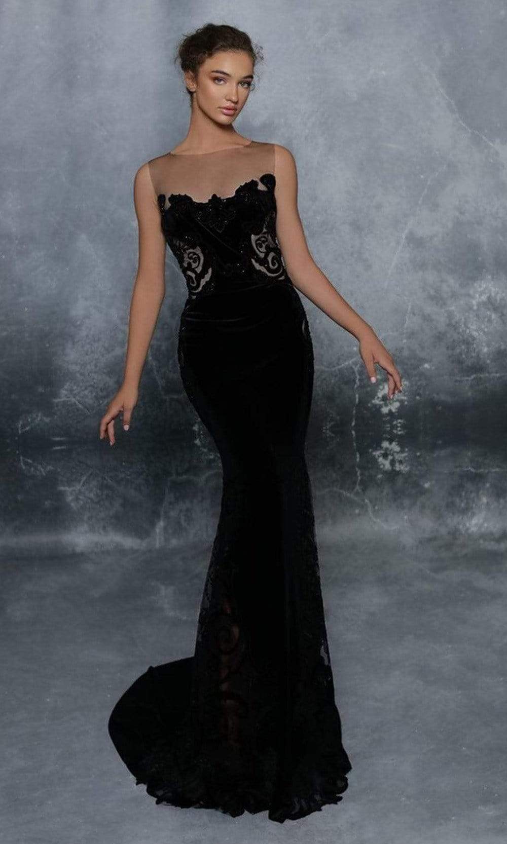 Tarik Ediz - 96081 Illusion Bateau Trumpet Evening Dress Evening Dresses 0 / Black
