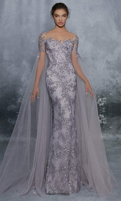 Tarik Ediz - 96085 Illusion Neckline Long Cape Sleeve Embellished Gown Evening Dresses 0 / Lilac Blue