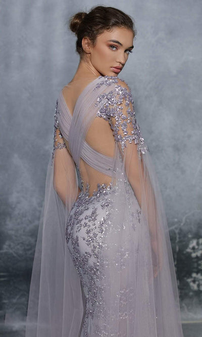 Tarik Ediz - 96085 Illusion Neckline Long Cape Sleeve Embellished Gown Evening Dresses