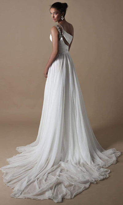 Tarik Ediz - 96087SC Grecian Inspired Asymmetric Flowy Gown In White