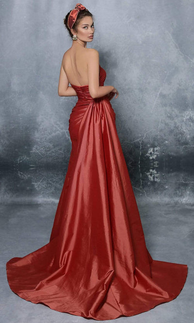 Tarik Ediz - 96092SC Ruched Allover Strapless Slit Gown In Red