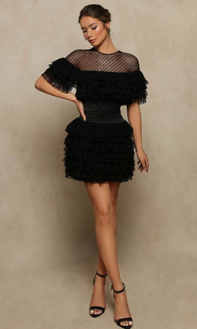 Tarik Ediz - 98010 Polka Dot Tiered Mini Dress Cocktail Dresses 0 / Black