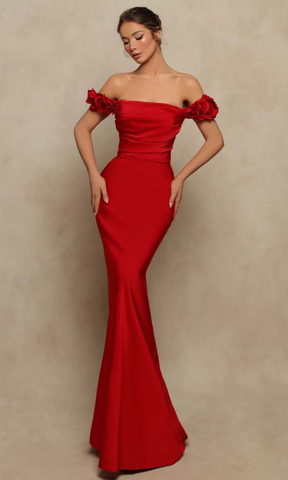 Tarik Ediz - 98016 Off Shoulder Floral Sleeve Evening Gown Evening Dresses 0 / Red
