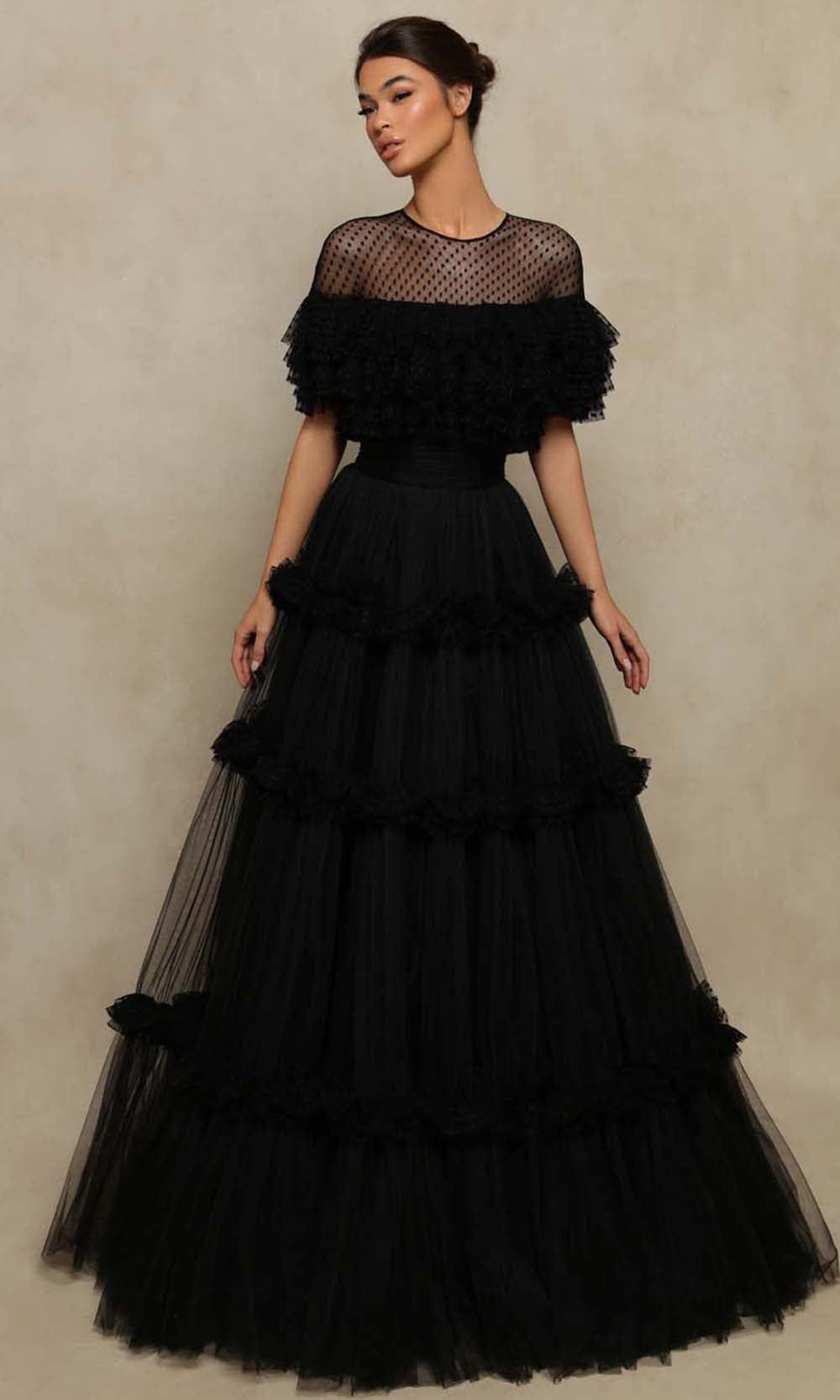Tarik Ediz - 98029 Polka Dot Tiered Tulle A-Line Gown Prom Dresses 0 / Black