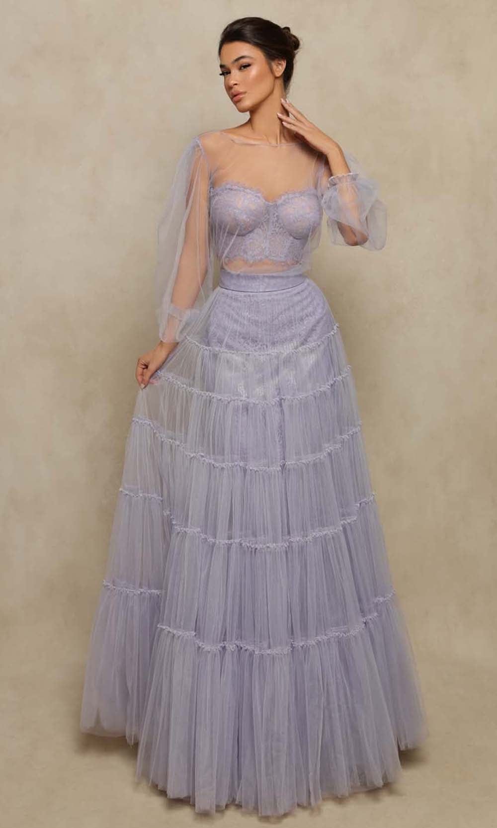 Tarik Ediz - 98045 Flowy See Through Lace Inset Dress Evening Dresses 0 / Lilac