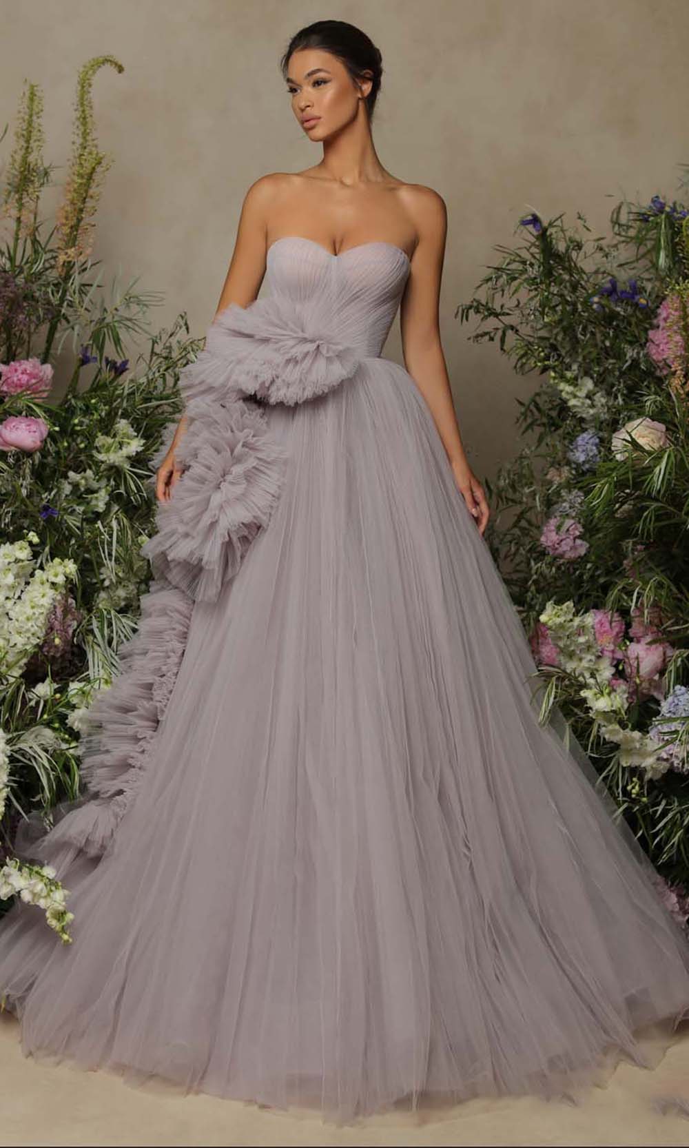 Tarik Ediz - 98057 Tulle Ruffled A-Line Strapless Gown Evening Dresses 0 / Lilac Blue