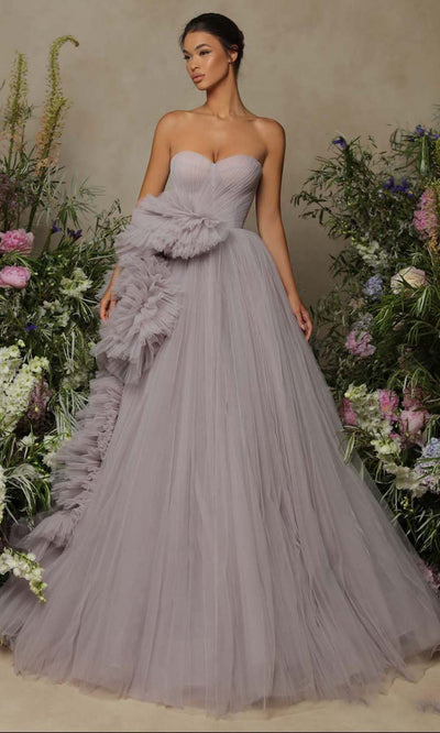Tarik Ediz - 98057 Tulle Ruffled A-Line Strapless Gown Evening Dresses 0 / Lilac Blue