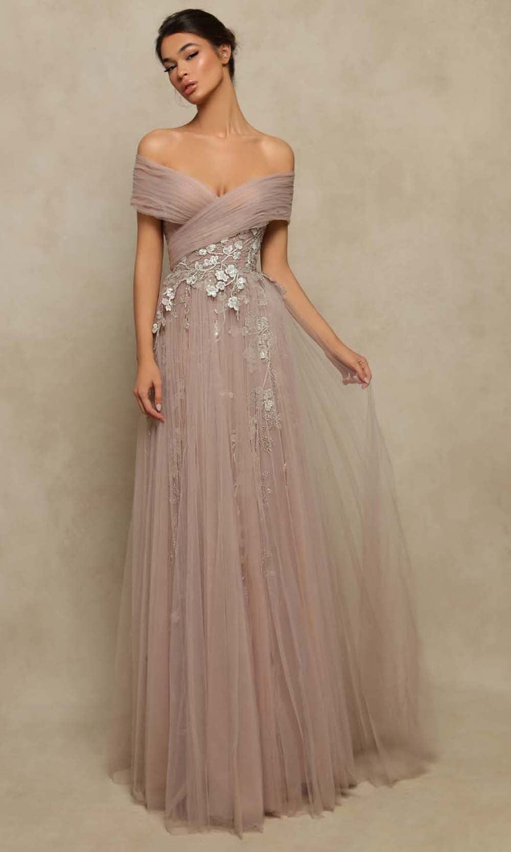 Tarik Ediz - 98079 Off Shoulder Embroidered Detail Dress Prom Dresses 0 / Stone