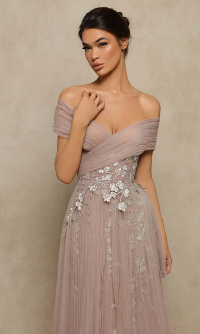 Tarik Ediz - 98079 Off Shoulder Embroidered Detail Dress Prom Dresses