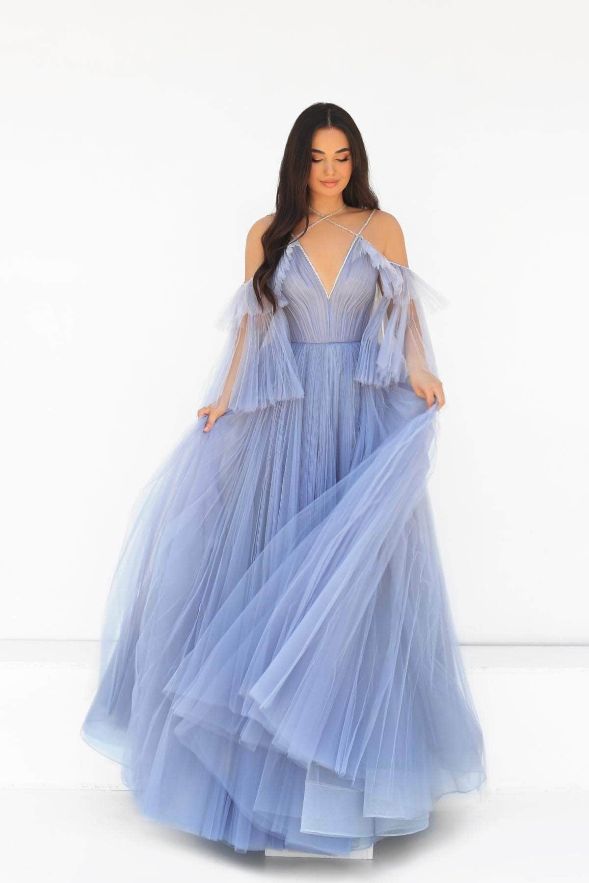 Tarik Ediz - 98080 Tulle Strappy Detailed A-Line Dress Evening Dresses 0 / Lilac Blue