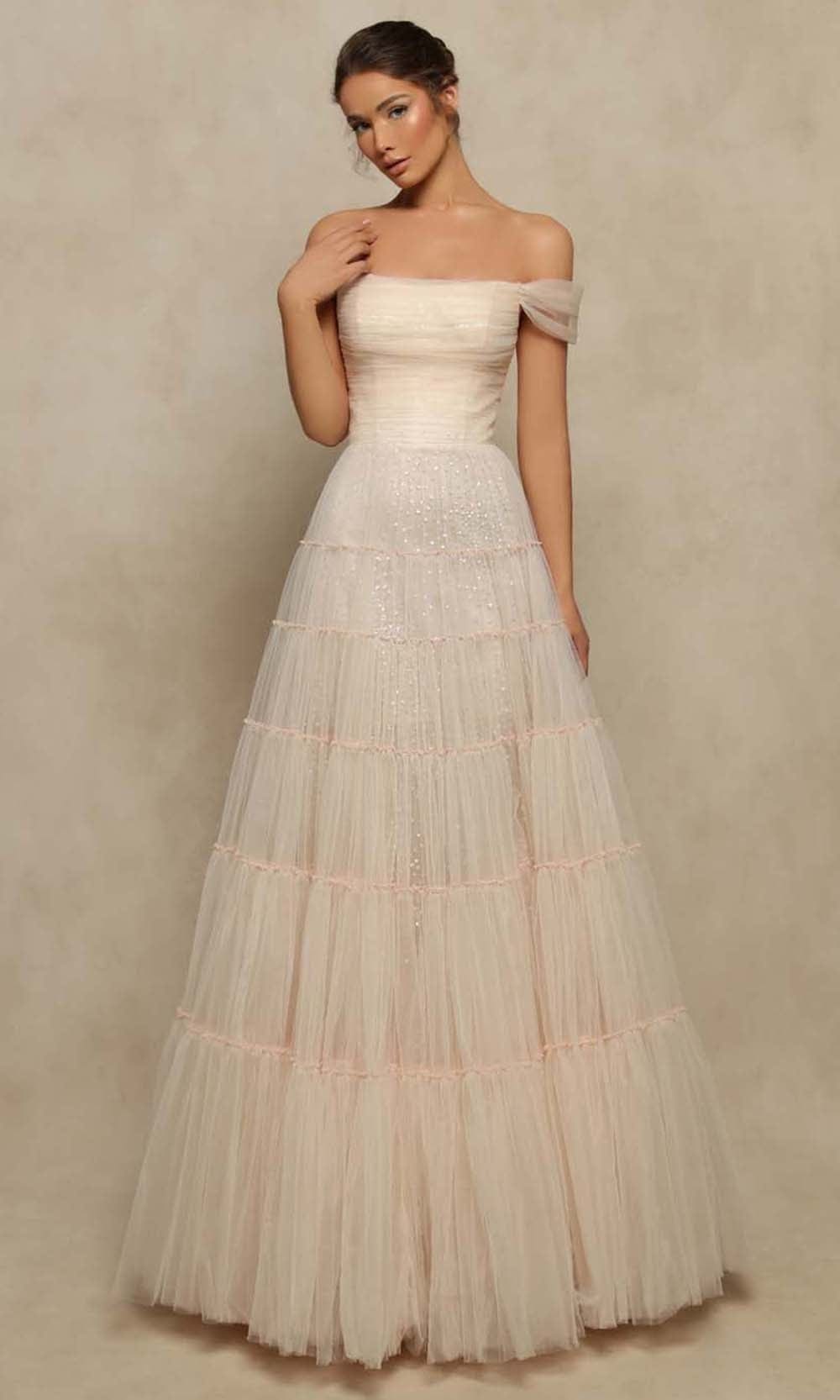 Tarik Ediz - 98090 Straight Off Shoulder A-Line Gown Prom Dresses 0 / Champagne