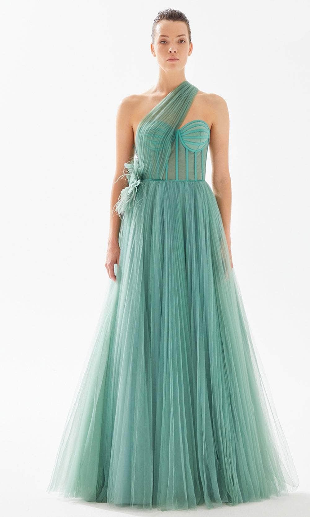 Tarik Ediz 98254 - Asymmetric Corset Evening Dress Prom Dresses 00 / English Green